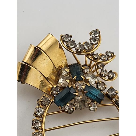 Vintage 1/20 12K GF MES Rhinestone Brooch Pendant Blue Clear Art Deco Style - Picture 6 of 9